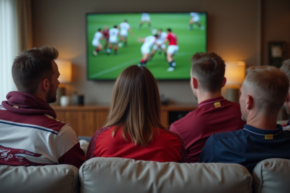 Groupe de fans de rugby dans un salon convivial
