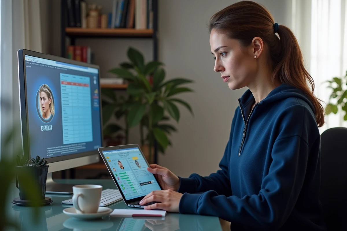 Femme analysant les DCE et le marché des transferts de FC 25 sur tablette et ordinateur portable