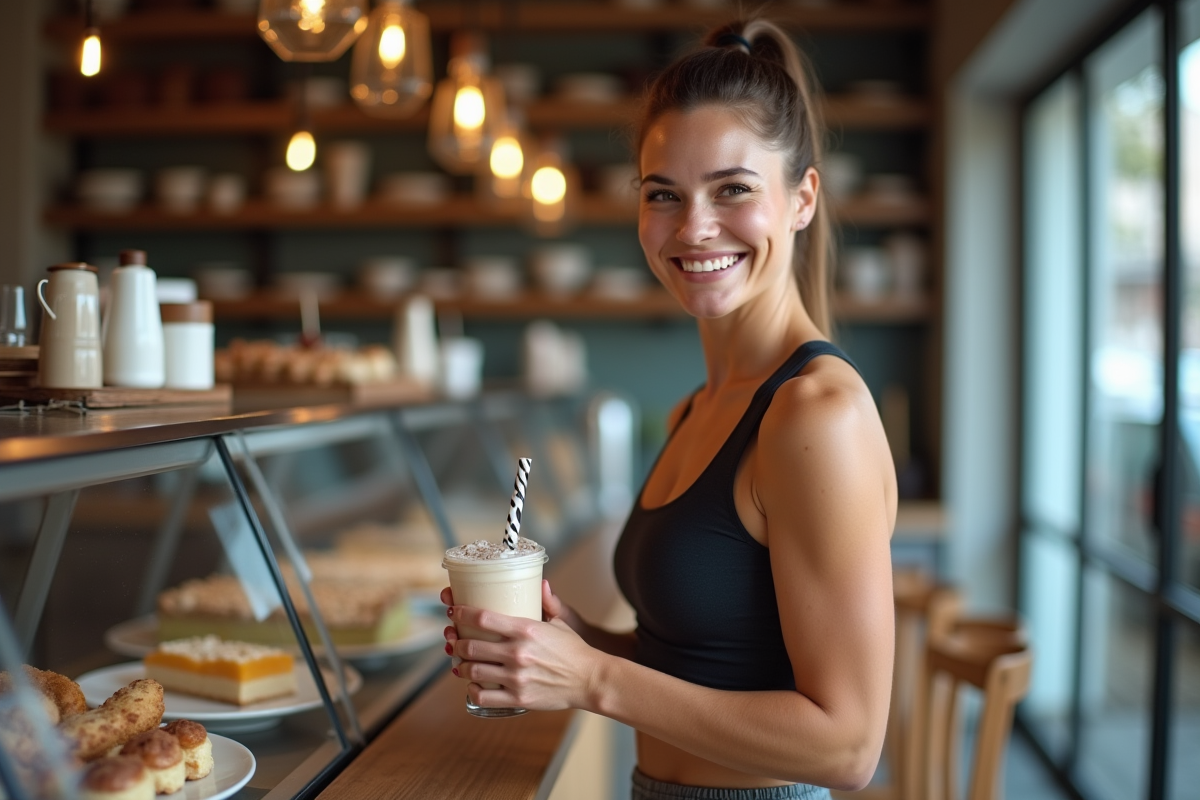 Femme bodybuilder avec shake dans un café