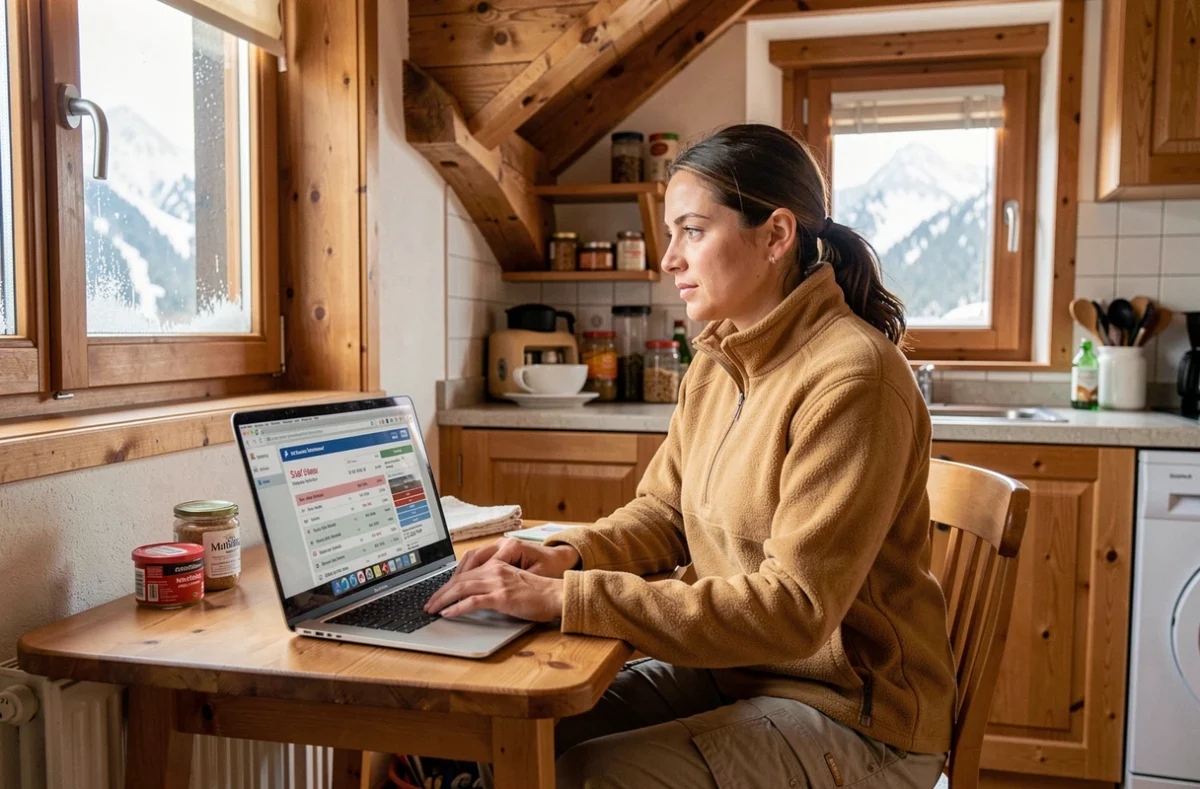 Femme comparant les prix des forfaits de ski et des hébergements sur un ordinateur portable dans un appartement en location à Alpe d'Huez pour un séjour économique