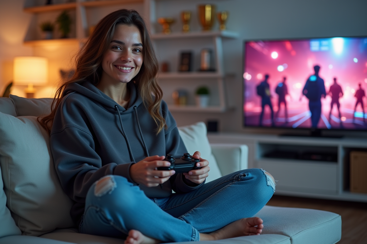 Femme détendue joue à la console dans un salon moderne
