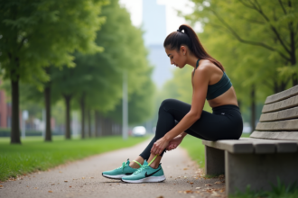 Femme en pleine préparation course avec chaussures colorées