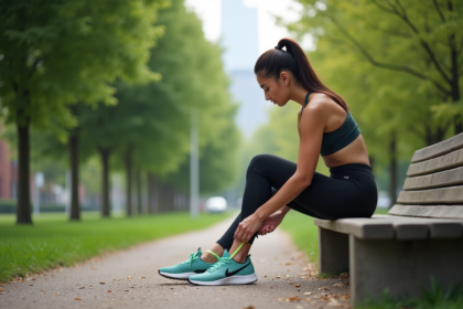 Femme en pleine préparation course avec chaussures colorées