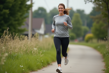 Femme en leggings courant dans la nature au petit matin