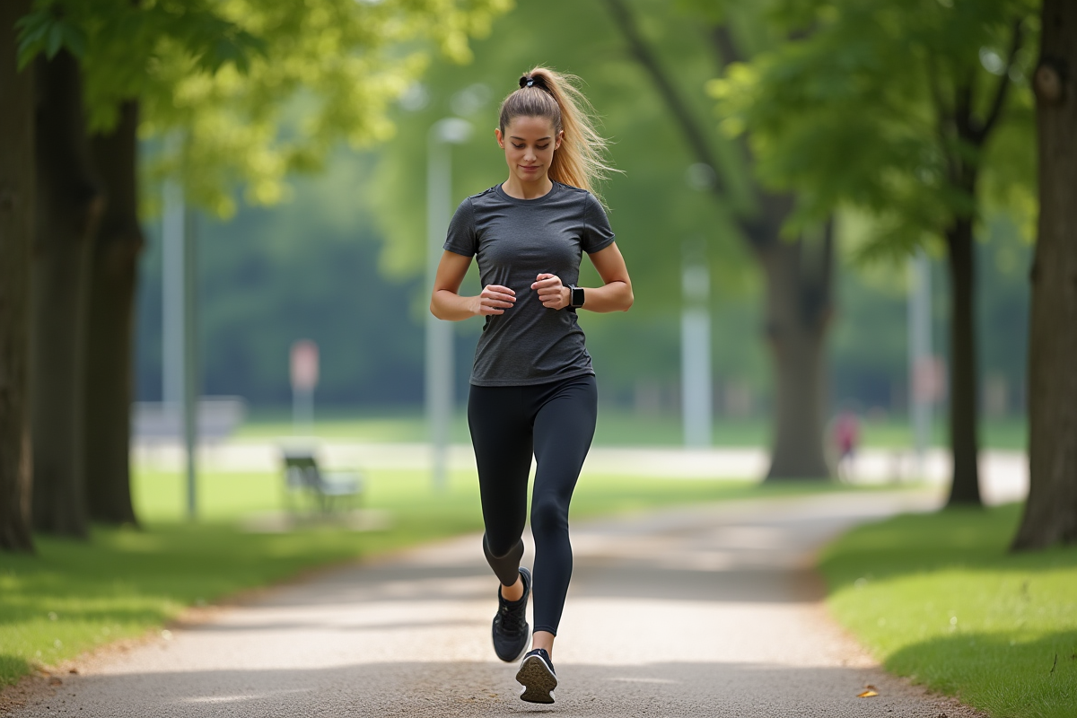 Femme sportive courant dans un parc urbain avec montre connectée
