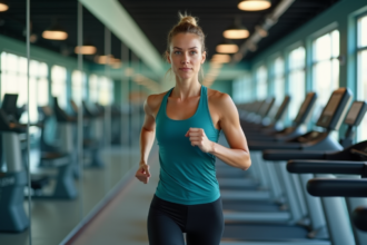 Jeune femme en course sur un tapis de gym moderne