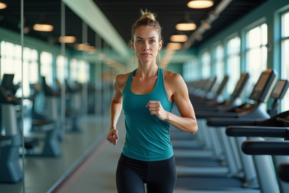 Jeune femme en course sur un tapis de gym moderne