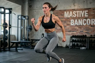 Femme effectuant un exercice de HIIT en salle de sport, sautant avec intensité pendant un entraînement fractionné pour brûler des calories