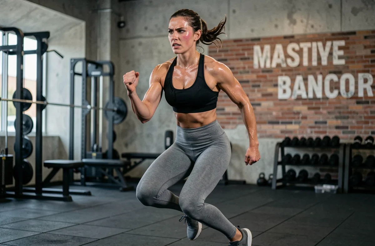 Femme effectuant un exercice de HIIT en salle de sport, sautant avec intensité pendant un entraînement fractionné pour brûler des calories