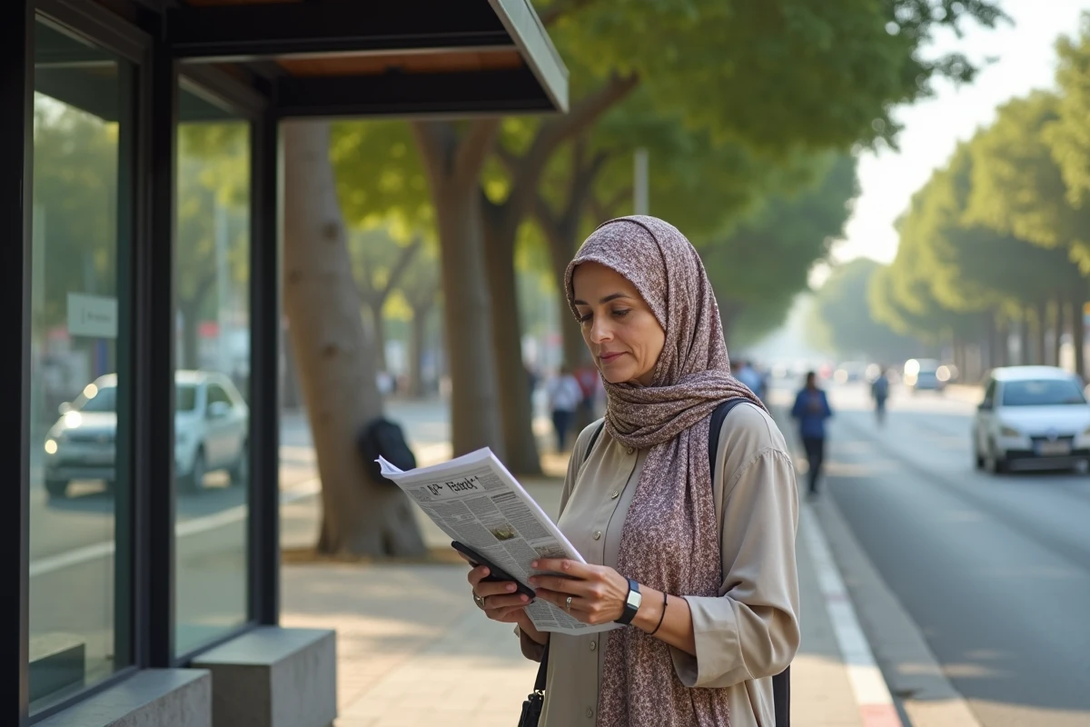 Femme algérienne lisant un journal sur son smartphone dans la rue