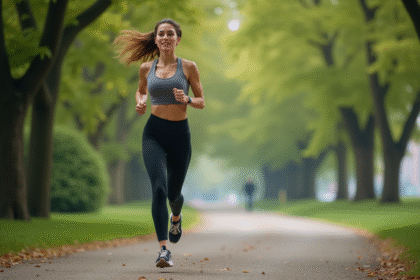 Femme courant dans un parc urbain verdoyant en pleine nature