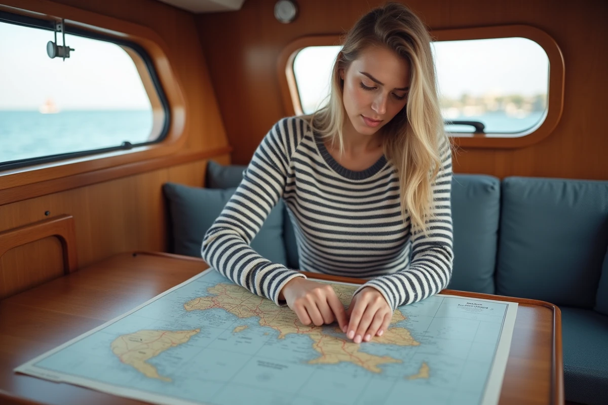 Jeune femme étudiant une carte nautique à bord d