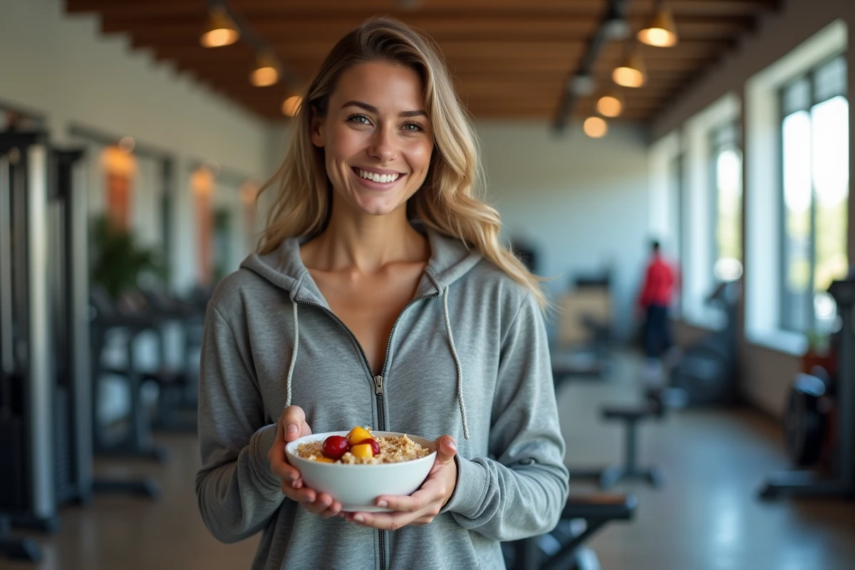 Femme souriante dégustant un bol de flocons d
