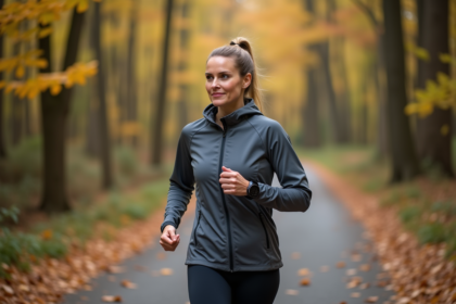 Femme en leggings et veste technique marche dans la forêt automnale