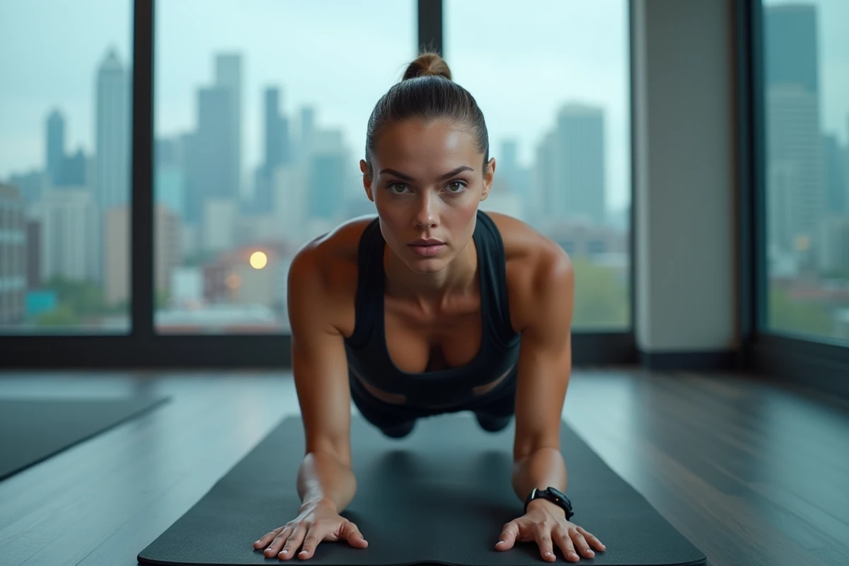 Femme réalisant une pompe avec gilet lesté dans une salle de sport à domicile face à une fenêtre urbaine