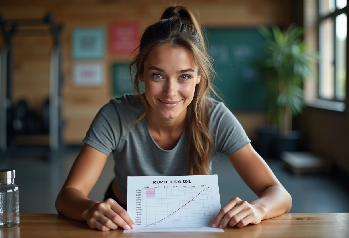 Jeune femme étudie un tableau de rythme en salle de sport