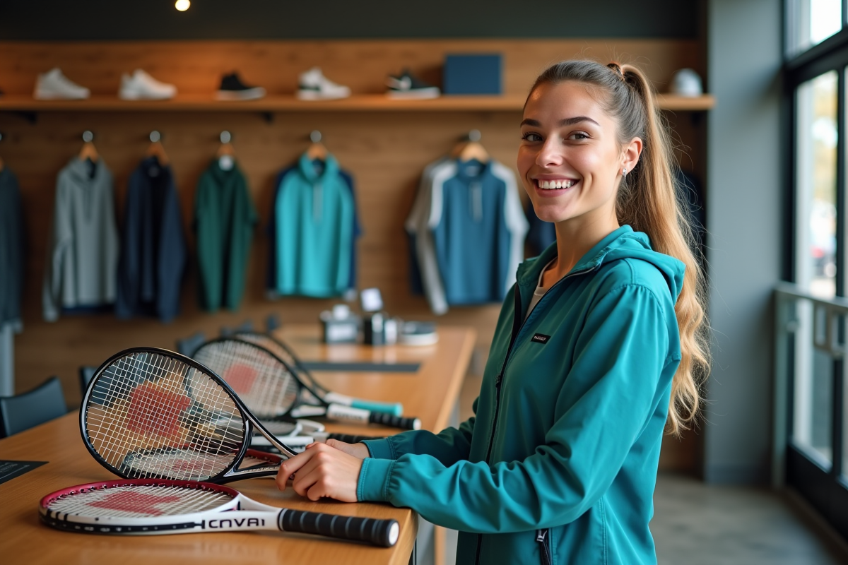 Femme inspectant des raquettes dans un magasin de sport