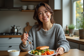 Femme souriante dans une cuisine moderne avec repas coloré