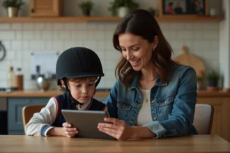 Femme et enfant regardant résultats équestres à la maison