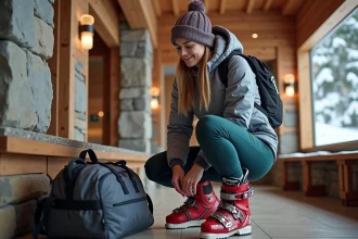 Femme en ski moderne ajustant ses bottes dans un lodge alpin