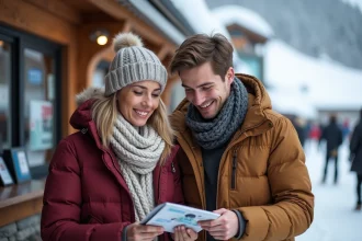Femme souriante et jeune homme en ski à la station