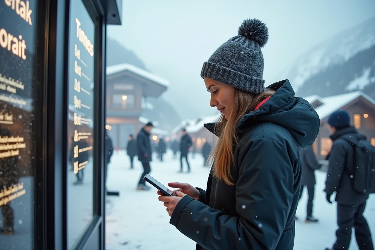 Jeune femme vérifiant son téléphone au Tignes ski