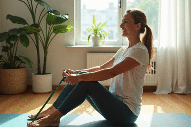 Femme en séance de musculation avec bande élastique dans un salon lumineux