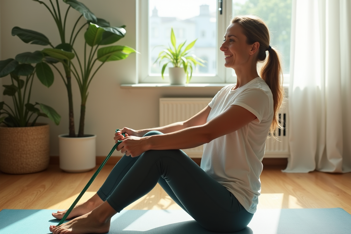 Femme en séance de musculation avec bande élastique dans un salon lumineux