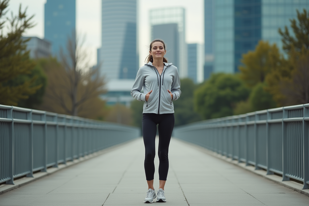 Femme en tenue de sport sur un pont urbain après une course