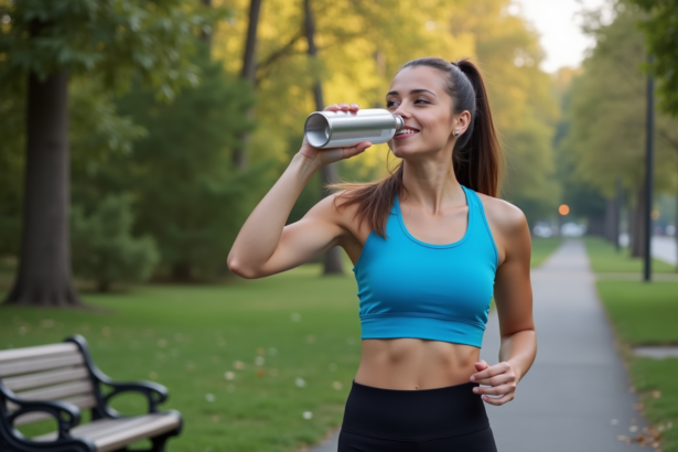 Jeune femme sportive buvant dans un parc en pleine nature