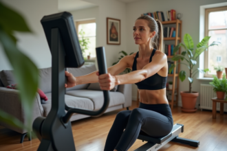 Femme sportive utilisant une machine de musculation à domicile