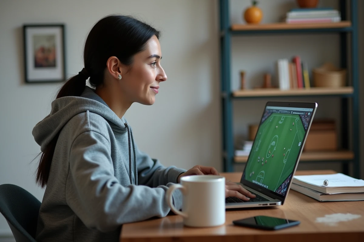 Femme regardant un match de football en direct sur un ordinateur portable à son bureau à domicile
