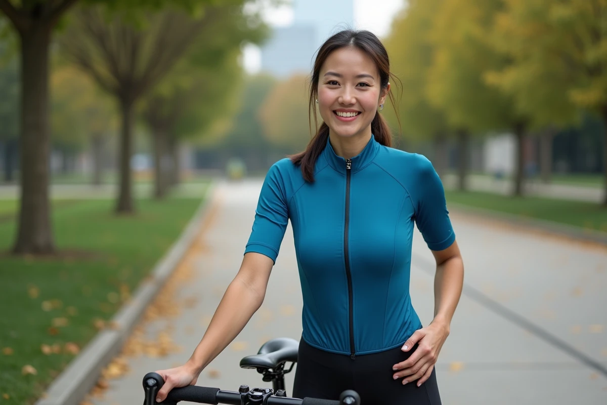 Femme cycliste souriante dans un parc urbain