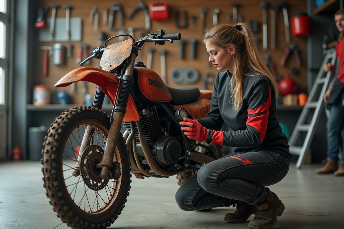 Femme vérifiant la pression des pneus de sa moto en garage