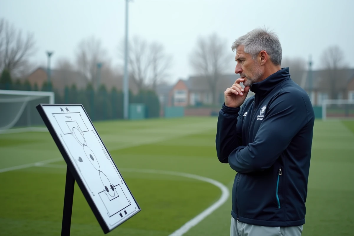 Entraîneur de football analysant des tactiques sur un tableau de jeu au bord d'un terrain d'entraînement professionnel, évoquant la dimension intellectuelle et esthétique du football néerlandais