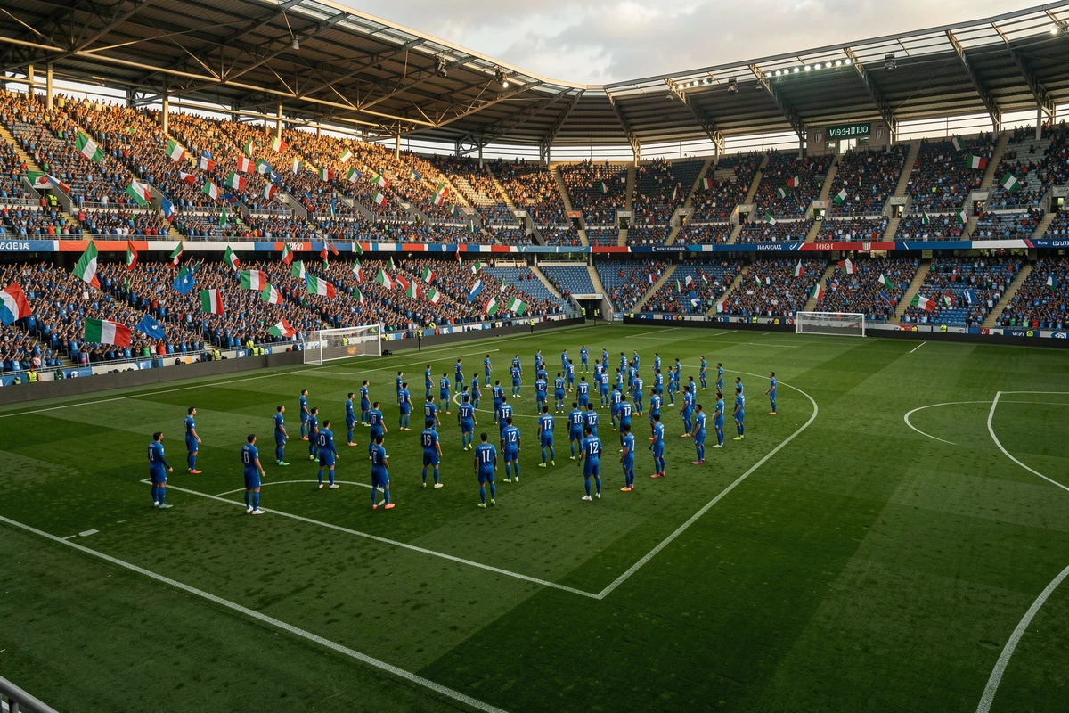 Vue panoramique d'un match de l'équipe nationale italienne montrant la formation tactique moderne des joueurs Azzurri dans un grand stade européen