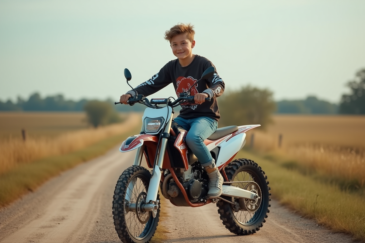 Un adolescent souriant sur sa moto en campagne