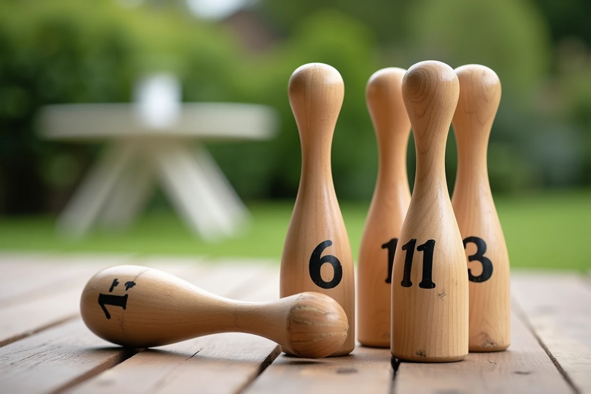 Gros plan sur les quilles numérotées de Mölkky et le bâton de lancer posé sur une terrasse en bois lors d'une partie