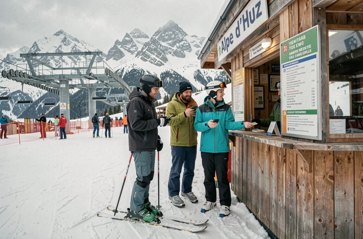 Groupe d'amis achetant leurs forfaits de ski à un guichet extérieur à Alpe d'Huez avec un budget limité, entourés de pistes enneigées et de remontées mécaniques