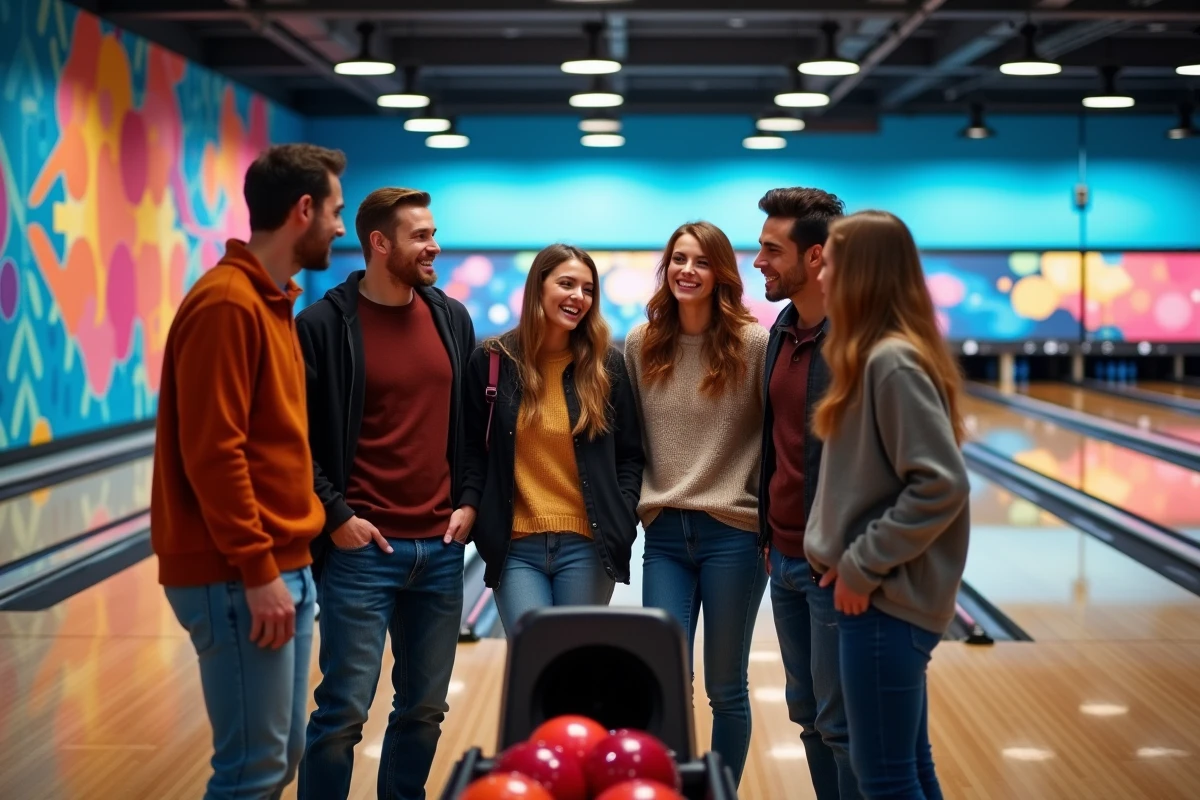 Groupe d'amis riant dans une salle de bowling moderne