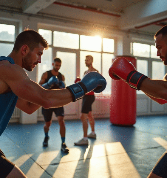 Groupe d'adultes s'entraînant en boxe thaï dans une salle lumineuse à Strasbourg