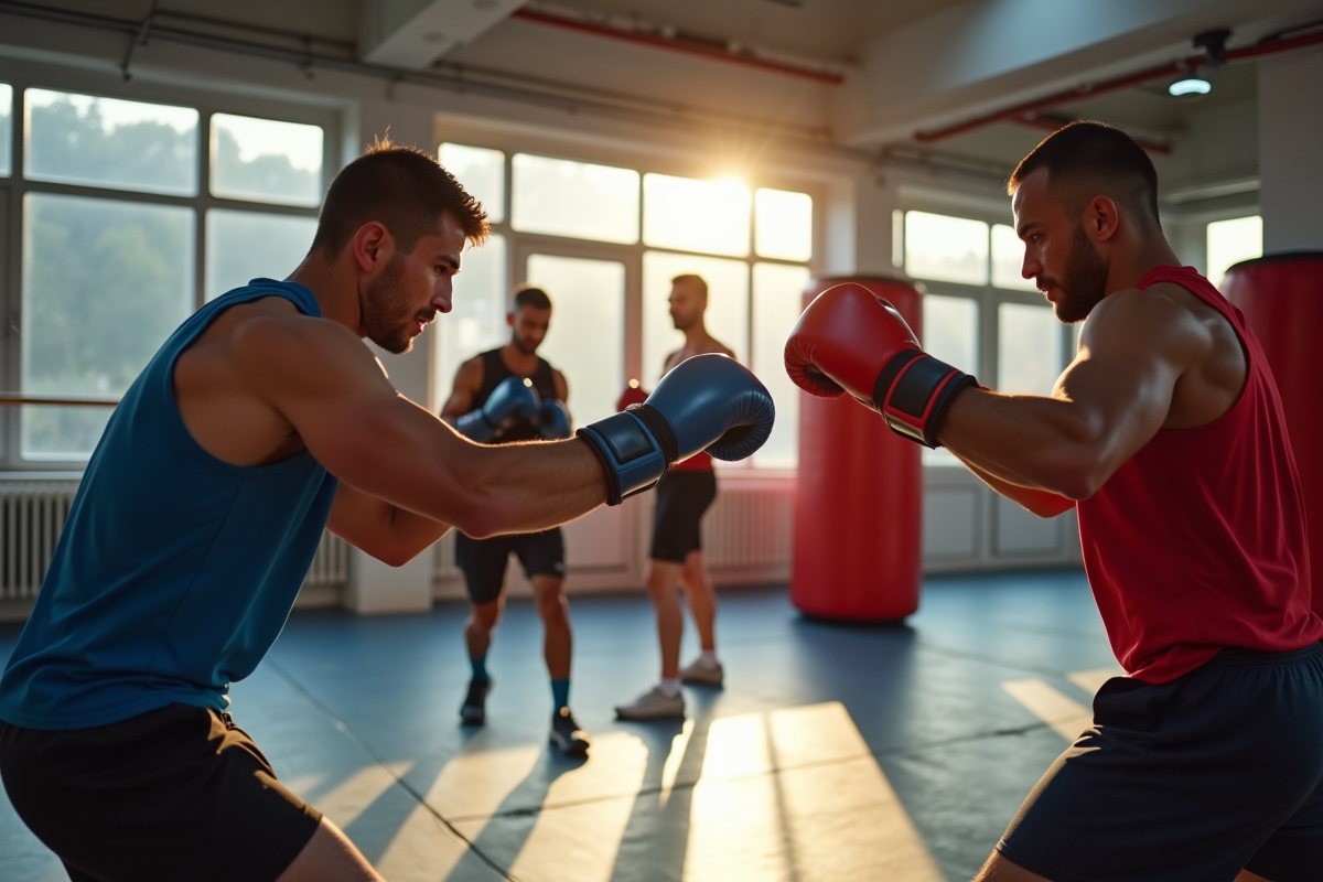 Groupe d'adultes s'entraînant en boxe thaï dans une salle lumineuse à Strasbourg