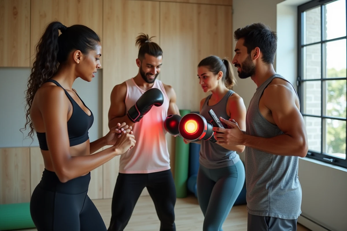Groupe d'adultes évaluant une machine de boxe musicale dans une salle de sport à domicile