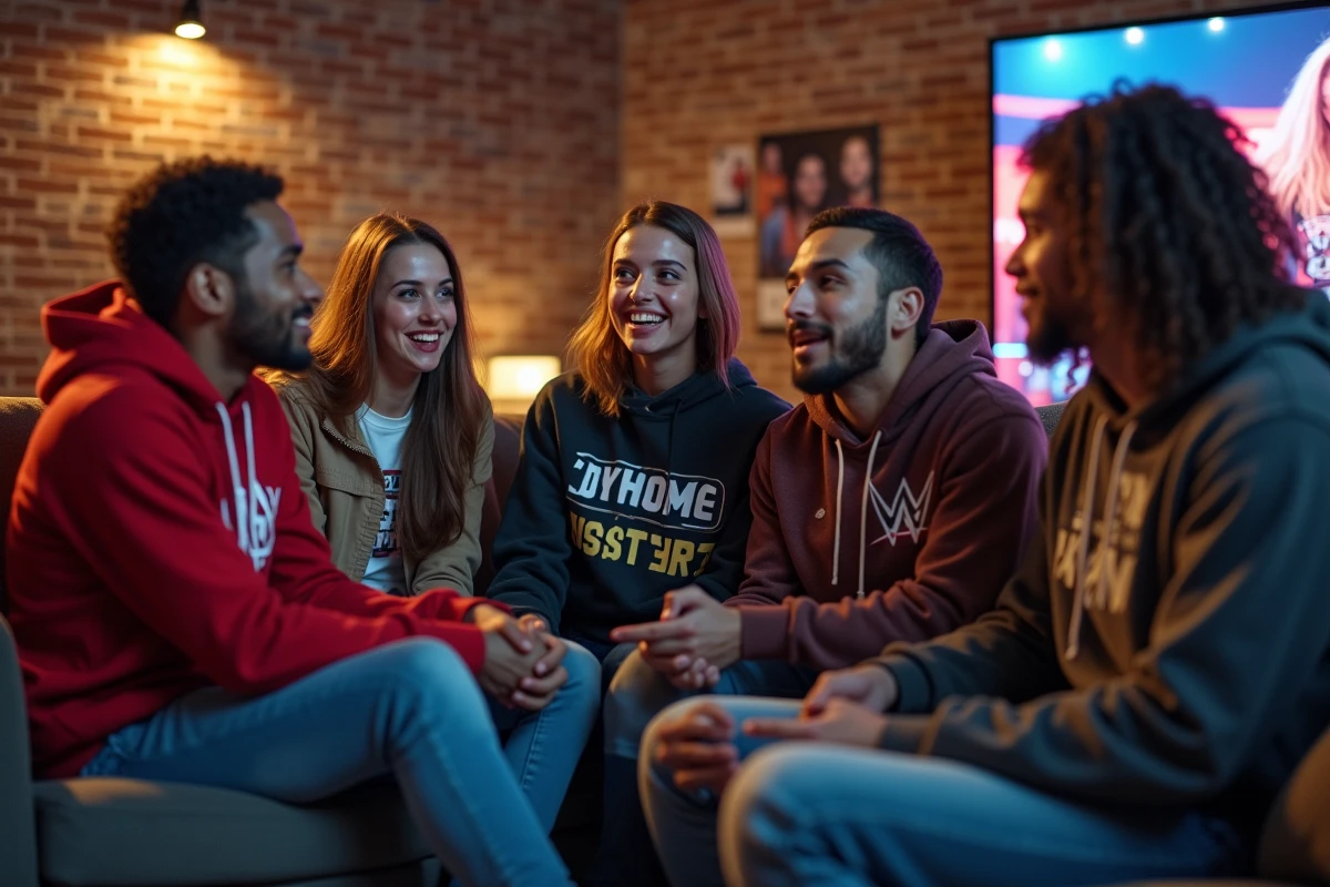 Jeunes adultes regardant un match de WWE en groupe