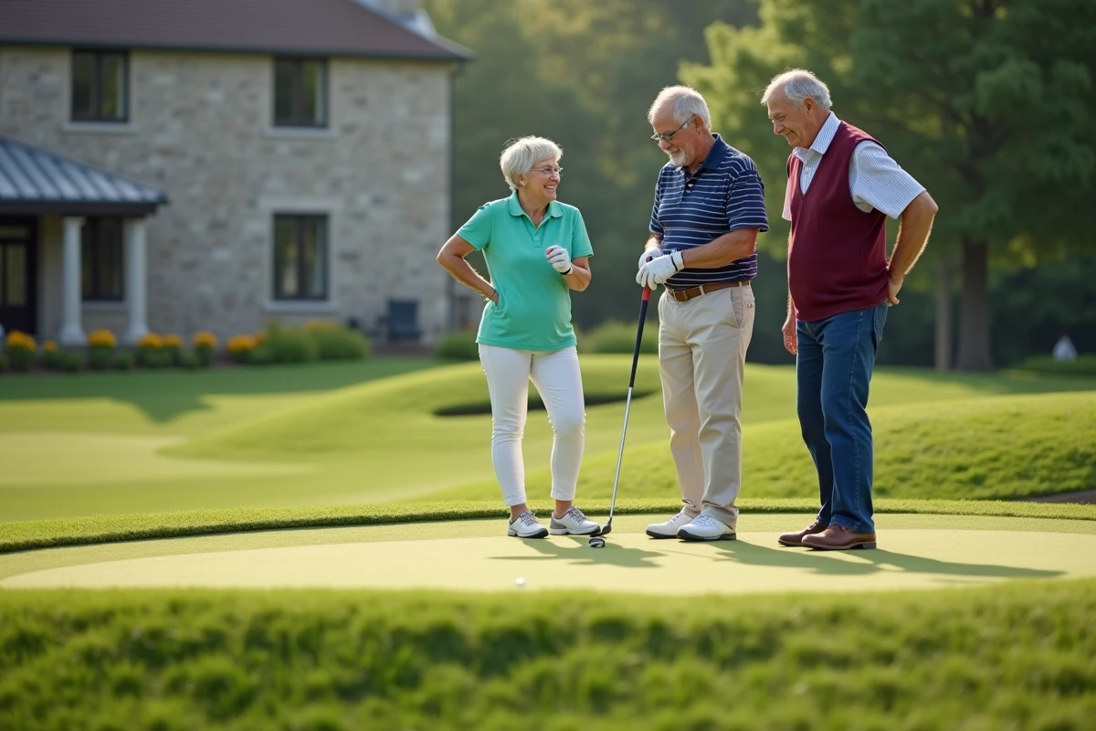 Groupe de golfeurs adultes de niveaux variés s'entraînant sur le putting green avec un accompagnement pédagogique