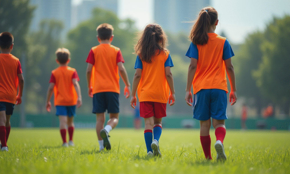 Groupe de jeunes sportifs marchant sur un terrain vert lumineux