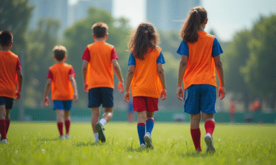 Groupe de jeunes sportifs marchant sur un terrain vert lumineux