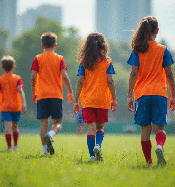 Groupe de jeunes sportifs marchant sur un terrain vert lumineux