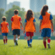 Groupe de jeunes sportifs marchant sur un terrain vert lumineux