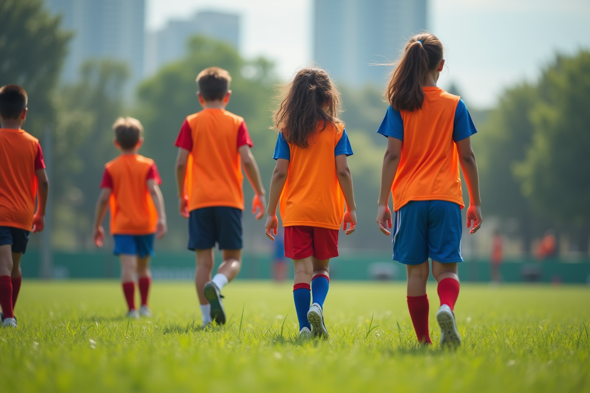 Groupe de jeunes sportifs marchant sur un terrain vert lumineux